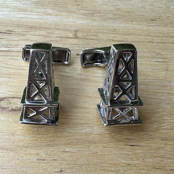 Ravi Ratan 925 Sterling Silver Oil Platform Drilling Rig Cufflinks 1" Sharp Rare - Picture 1 of 12